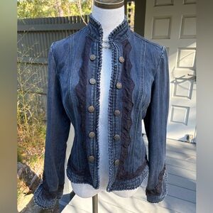 Live a Little Blue Denim Lace Embroidered Ruffle Trim Military Jacket